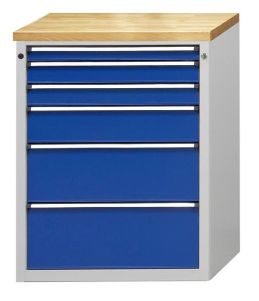 ANKE ladekast; 765 x 700 x 1020 mm; RAL 7035/5010; Massief beuken blad 40 mm; 6 laden 60, 90, 90, 150, 240, 270 mm, 610.011
