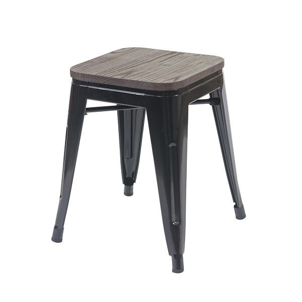 Mendler kruk HWC-A73 incl. houten zitting, metalen kruk kruk, metaal industrieel design stapelbaar, zwart, 74908