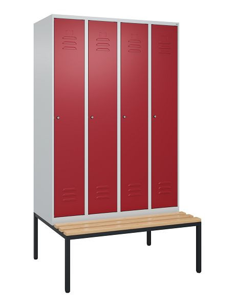 C+P luierkastje Classic PLUS met middenwand, bank, 4 vakken, 2120x1200x815mm, 7035/3003, cilindersloten, beukenhouten zitlatten, 0800507-40F S10046