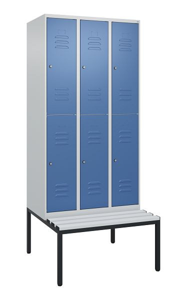 C+P dubbeldekskast Classic PLUS, 3 vakken, 2120x900x815mm, 7035/5023, cilindersloten, met bank eronder, 0803507-30 S10020