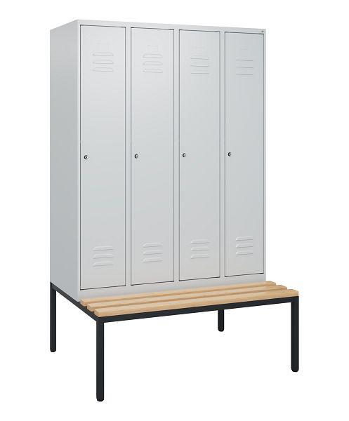C+P Umkleidespind Classic PLUS, mit untergebauter Sitzbank, 4 Abteile, 1950x1200x815mm, 7035/7035, Zylinderschlösser, Buche-Sitzleisten, 0800505-40 S10024