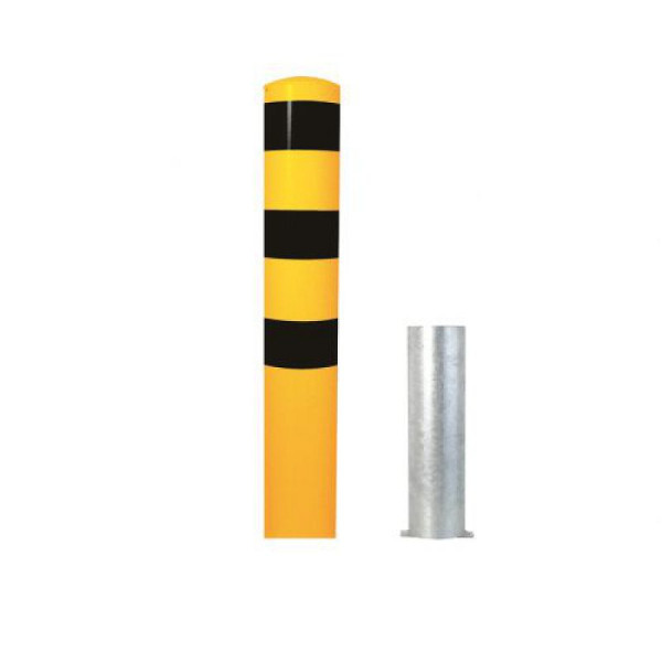 Stein HGS HGS stalen buispaal/rambeschermpaal -Bollard-, 1500 mm, verzinkt en verkeersgeel (RAL 1023) gecoat met 3 zwarte strepen, 3 ogen (90°), 40191hb-gs-301