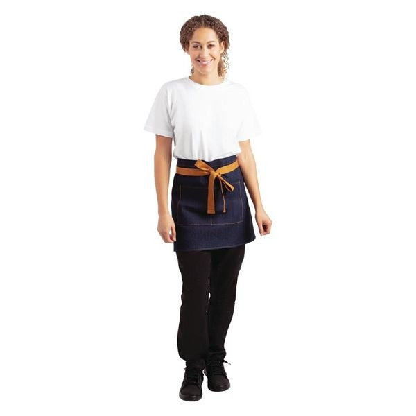 Whites Southside korte bistroschort denimblauw met bruine stropdassen, BB465