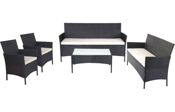 Mendler 3-2-1-1 poly rotan tuinset Halden, loungeset, bank, antraciet, kussens creme, 64282+52035+52031+52039