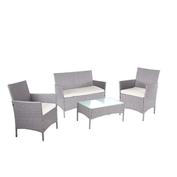 Mendler 2-1-1 poly rattan tuinset Halden, loungeset bank, grijs, kussens creme, 64303+64279+64309