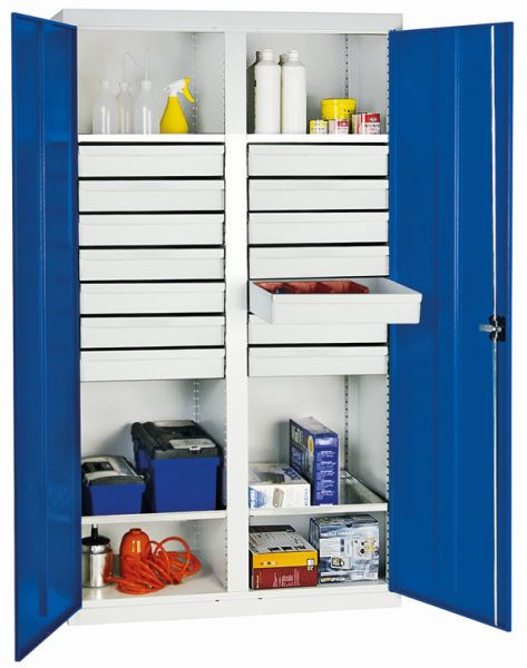 stumpff gereedschaps- en materiaalkast serie 2000, 7035/5010, 14 laden, middenschot, 4 legborden, 2004474