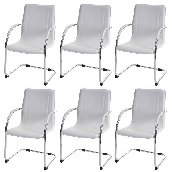 Mendler set van 6 eetkamerstoelen Samara, slede keukenstoel, fauteuil, staal, wit, 3x46619