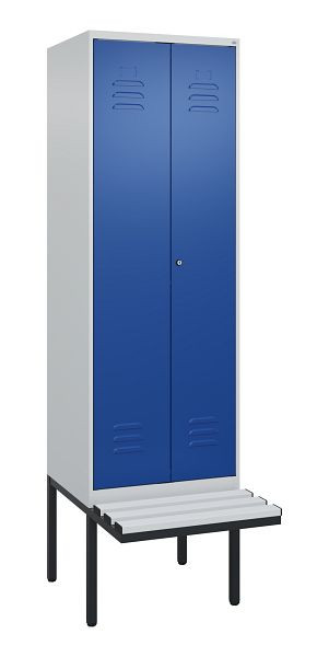 C+P Umkleidespind Classic PLUS, Doppel-Spind, 2 Abteile, 2120x600x815mm, 7035/5010, Zylinderschloss, Untergestell & Sitzfläche, 0800427-20P S10018