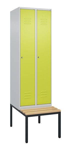 C+P Umkleidespind Classic PLUS, mit untergebauter Sitzbank, 2 Abteile, 2120x600x815mm, 7035/0024, Zylinderschlösser, Buche-Sitzleisten, 0800507-20 S10054