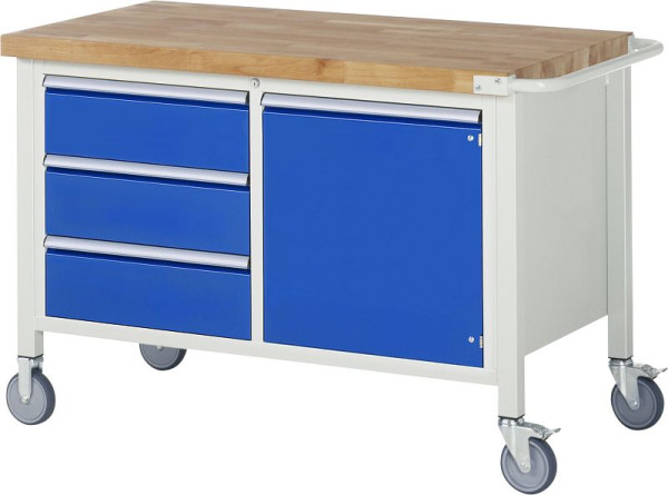 RAU verrijdbare werkbank 8468, B1250xD700xH880-1080mm, 3x lade gedeeltelijk uittrekbaar, 1xdeur, 05-8468A2-127B4H.11
