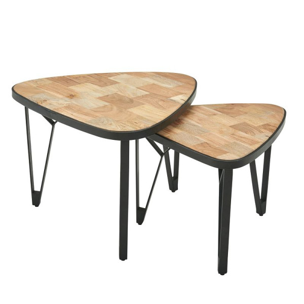 Wohnling Design salontafelset van 2 mango/acacia massief hout, driehoekig, met metalen poten, 2-delig, WL6.348