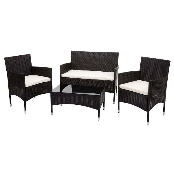 Mendler poly rotan set HWC-F55, balkon/tuin/loungeset bank zitgroep, bruin, kussens creme, 76114
