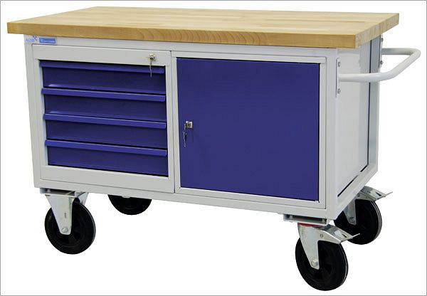 ADB verrijdbare werkbank "tafelwagen type" met 1 deur en 4 laden, 840x1300x600 mm, tafelwagen kleur: lichtgrijs, deur/ladekleur: lichtblauw, 42742