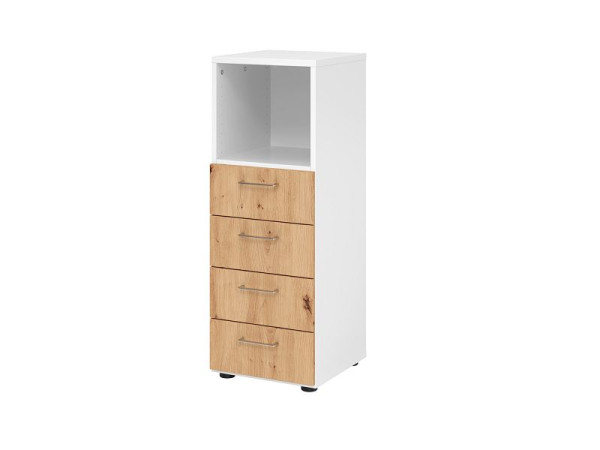 Hammerbacher ladekast 3OH, 4 laden 934S4 BS, romp: wit / front: knoestig eiken, 40x41,7x110 cm (BxDxH), 4 laden, metalen handgreep BS, V934S4/W/R/BS