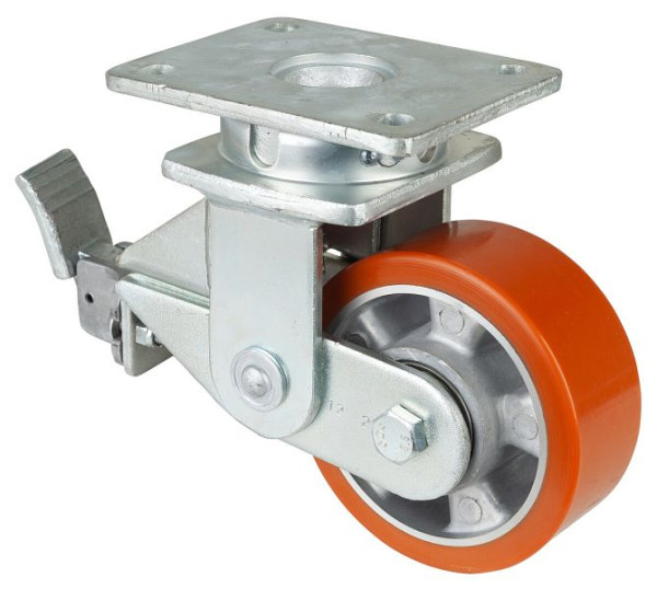 BS-wielen Veerbelaste zwaarlastwielen met rem, breedte 50 mm, Ø125 mm, tot 450 kg, polyurethaan gegoten 95 Shore A, aluminium, kogellagers, T120.B90.125