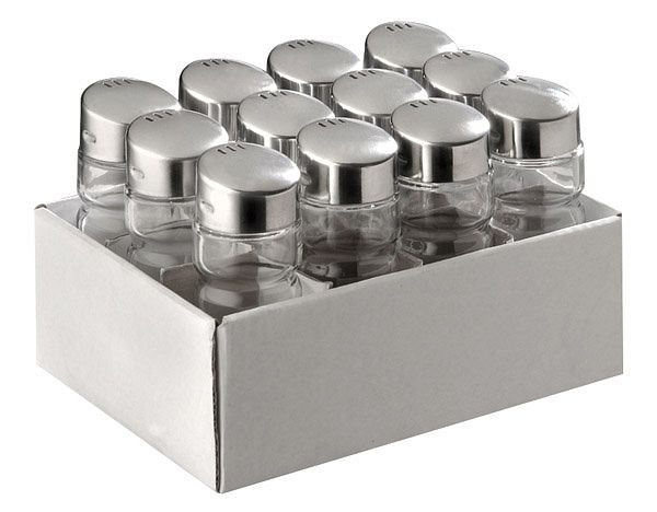 APS allesshaker, elk Ø 3 cm, hoogte: 9 cm, 30 ml, glazen container, roestvrijstalen deksel, elk 3 gaten, verpakking van 12, 40505