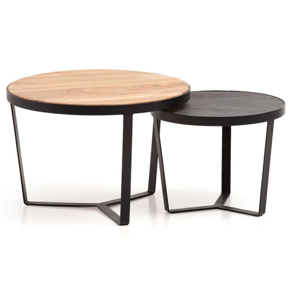 Wohnling salontafel set van 2, massief acaciahout / steenlook, ronde woonkamertafel, nesttafel met metalen frame, moderne salontafel, bruin/antraciet, WL6.765