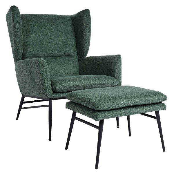 Mendler fauteuil met poef HWC-L62, fauteuil, gestoffeerde fauteuil, cocktailfauteuil, kruk, stof/textiel, groen, 117258+117261