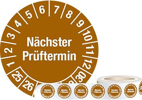 DENIOS teststicker "Next test date", 25 - 30, bruin, folie, SK, 30 mm, verpakking: 1 rol van 1000 stuks, 290046