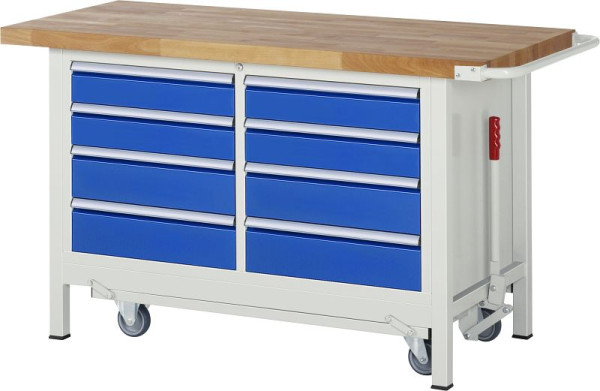 RAU werkbank met neerlaatbaar onderstel serie 8000, dubbele onderbouw bak (8x lade), 1500x880x700 mm, 05-8477A2-157B4F.11