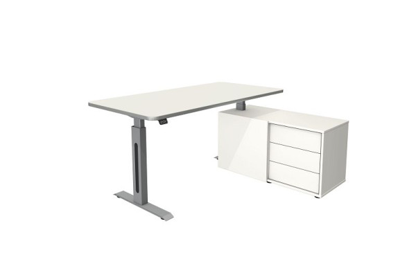 Kerkmann Move 1 Style sta-/zittafel met dressoir, zilver frame, elektrisch in hoogte verstelbaar van 740 - 1230 mm, wit/zilver, 10177010