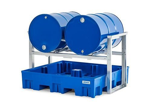 DENIOS vatenrek voor 2 vaten van elk 200 liter, met kunststof kuip, 1429 x 1235 x 837 mm, 291-783