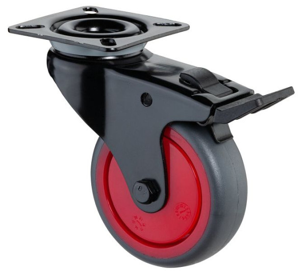 BS Castors Zwenkwiel met zwarte rem, grijs thermoplastisch rubberen wiel, kogellager, plaat, diameter: 75 mm, VE = 4 stuks, A820.A85.075.03