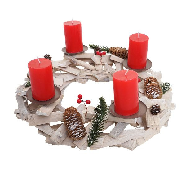 Mendler Adventskrans rond, kerstversiering tafelkrans, hout Ø 40cm witgrijs, met kaarsen, rood, 56580