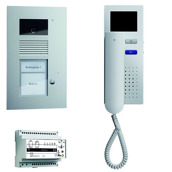 TCS deurbediening video: pack AP 1 woonunit, met voordeurstation AVU 1 belknop, 1x videodeurtelefoon IVH3222, bedieningsunit VBVS05, PVU1610-0010