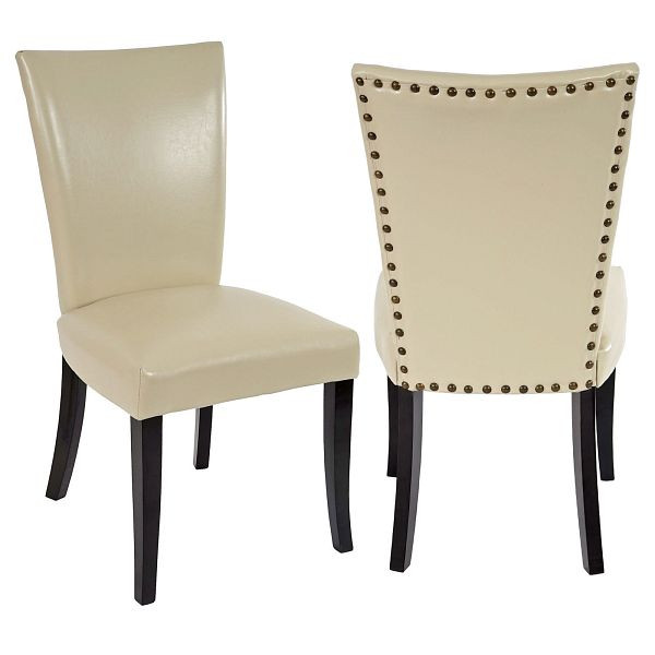 Mendler set van 2 eetkamerstoelen Chesterfield, stoel keukenstoel, klinknagels, kunstleer, creme, donkere poten, 35765