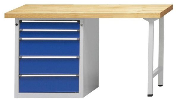ANKE combinatie werkbank; 1500x700 mm; RAL 7035/5010; Linker onderkast 660x615 mm, 5 laden 90, 90, 180, 180, 180 mm
