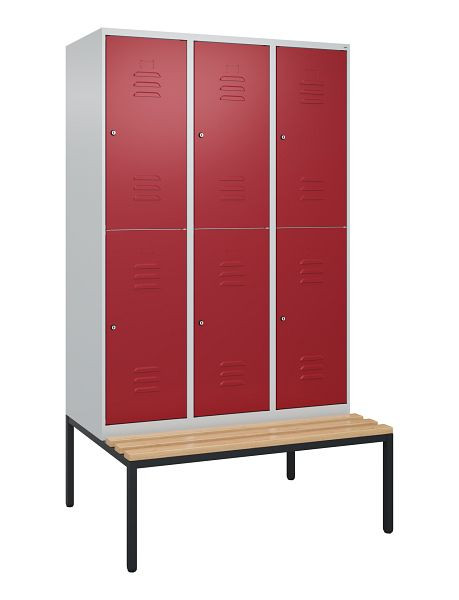 C+P dubbeldekkerkast Classic PLUS, 3 vakken, 2120x1200x815mm, 7035/3003, cilindersloten, beukenhouten zitlat, bank, 0803507-32 S10091