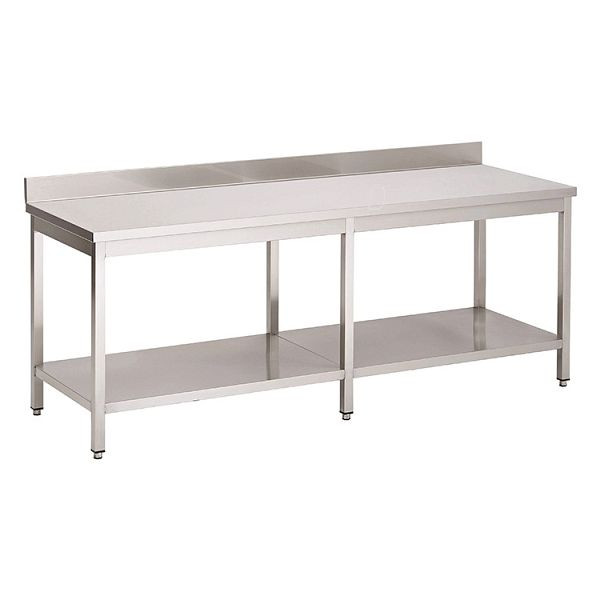 Gastro-Inox RVS AISI 430 werktafel met onderstel en opstand, 2500x700x850mm, versterkt met 18 mm dik, gecoate spaanplaat, 301.234