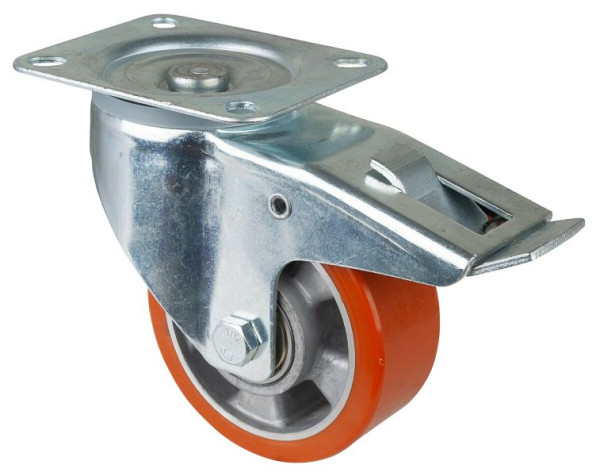 BS rollen transportrol met rem, breedte 50 mm, Ø125 mm, tot 300 kg, gegoten polyurethaan loopvlak, aluminium behuizing, kogellagers, LSS420.B90.125