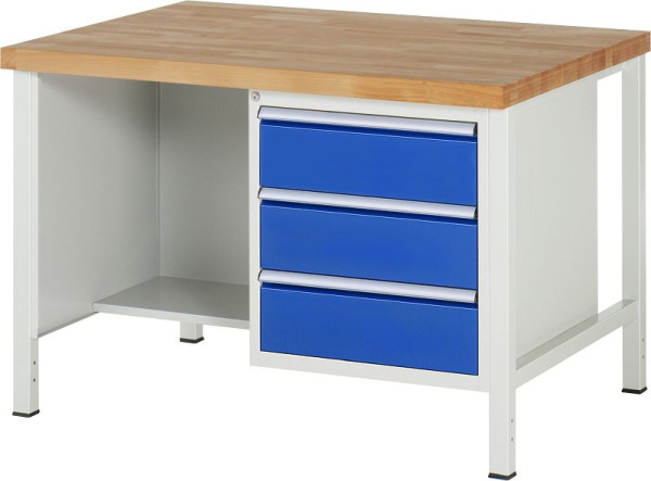 RAU werkbank serie 8000 - frameconstructie (gelast frame), onderbouw container (3x lade, plank), 1250x840x900 mm, 03-8452A2-129B4S.11