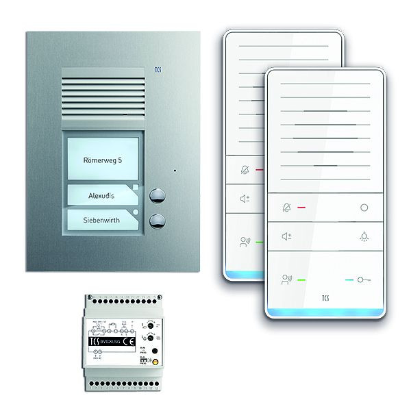 TCS deurbediening audio: pack UP voor 2 wooneenheden, met buitenstation PUK 2 belknoppen, 2x handsfree luidspreker ISW5031, bedieningseenheid BVS20, PAUF021 / 001