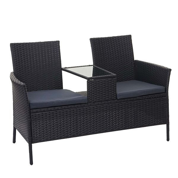 Mendler poly rotan bank met tafel HWC-E24, tuinbank zitgroep, tuinbank, 132cm, zwart, donkergrijze kussens, 65244