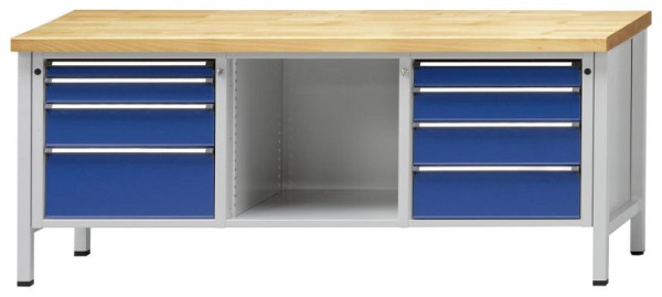 ANKE kastwerkbank 2000x700mm; Links 4 laden 60,90, 150, 240 mm, midden van vak open Rechts 4 laden 90, 120, 150, 180 mm
