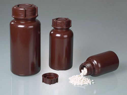 DENIOS fles met wijde opening van LDPE, bruin, bijvoorbeeld voor lichtgevoelige vloeistoffen, 500 ml, verpakking van 72 stuks, 309695