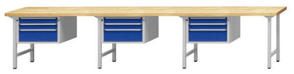 ANKE combinatie werkbank; 3 werkplekken; 4050x700mm; 3x onderkast 660x615x420 mm, 3 laden 90, 90, 180 mm