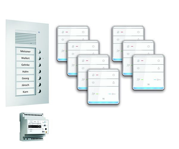 TCS deurbedieningssysteem audio: pack UP voor 7 wooneenheden, met buitenstation PUK 7 belknoppen, 7x handsfree luidspreker ISW5010, bedieningseenheid BVS20, PPUF07-EN / 01