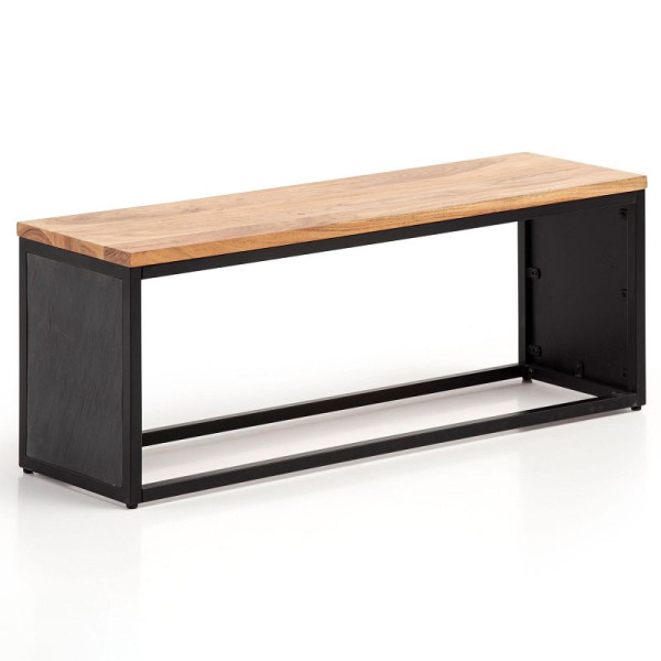 Wohnling bank massief acaciahout / steenlook 120x45x35 cm halbank met metalen frame, design bedbank, kleine garderobebank eetkamerbank, WL6.781