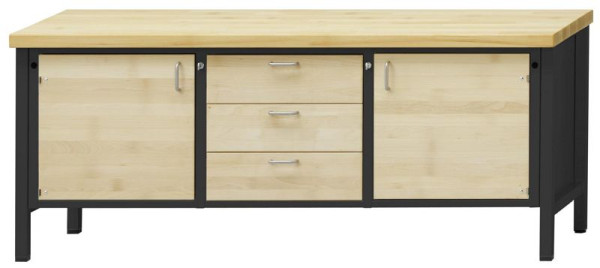 ANKE kastwerkbank; 2000x700 mm; RAL 7016 / natuurlijk gewaxt beuken; Beuk massieve plaat; 1 deur links; Midden 3 laden; Rechts 1 deur
