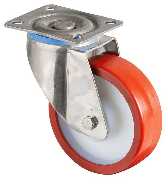 BS Wielen RVS zwaarlastwiel met rem, B45 mm, Ø125 mm, tot 500 kg, rood polyurethaan oppervlak, rollager, HS120.B28.126