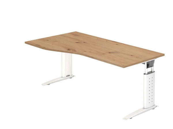 Hammerbacher bureau US18, 180 x 100/80cm, blad: knoestig eiken, 25 mm dik, C-poot frame in wit, werkhoogte 68-86 cm, VUS18/R/W