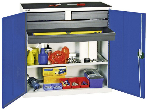 stumpf gereedschaps- en materiaalkast serie 3000, 7035/5010, 2 laden 100 mm, 2 laden 100 mm doorlopend, 1 bakbodem, 3007474