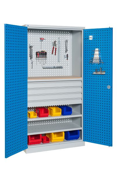 SOFAME werkplaatskast met geperforeerde panelen B 1000 x D 500 x H 1950 mm; met 4 laden, 2 planken en 1 houten werkblad, W030080006GCBI