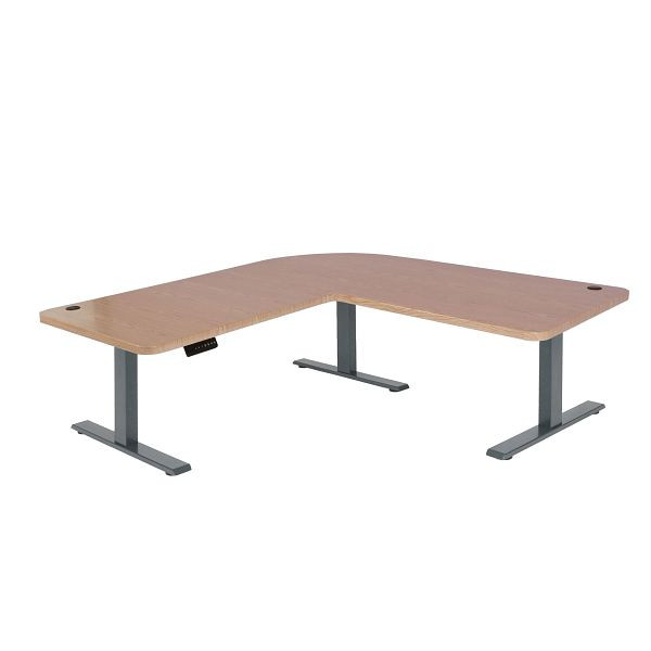 Mendler hoekbureau HWC-D40, computerbureau, elektrisch in hoogte verstelbaar 178x178cm 84kg, lichtbruin, antracietgrijs, 75756+75749