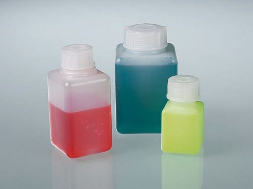 DENIOS fles met smalle hals van HDPE, vierkante bodem, 100 ml, verpakking van 200, 309685