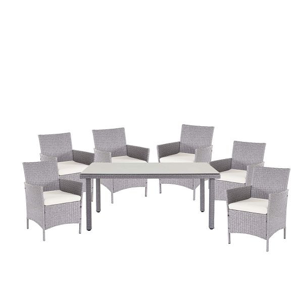 Mendler Halden poly rotan set, tuinmeubelen, balkonset, zitset, grijs, kussens creme, 64311+3x64303